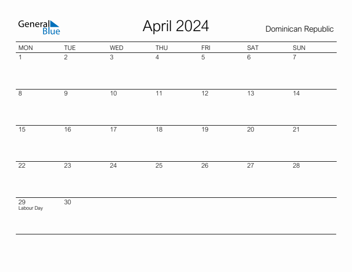 Printable April 2024 Calendar for Dominican Republic
