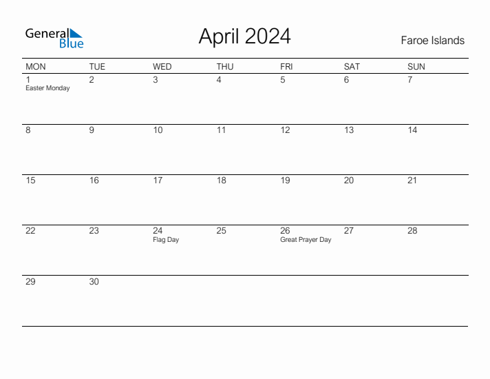 Printable April 2024 Calendar for Faroe Islands