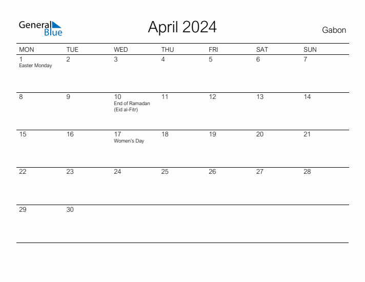 Printable April 2024 Calendar for Gabon