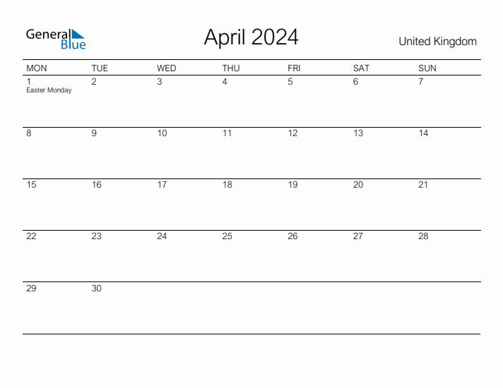 Printable April 2024 Monthly Calendar with Holidays for United Kingdom