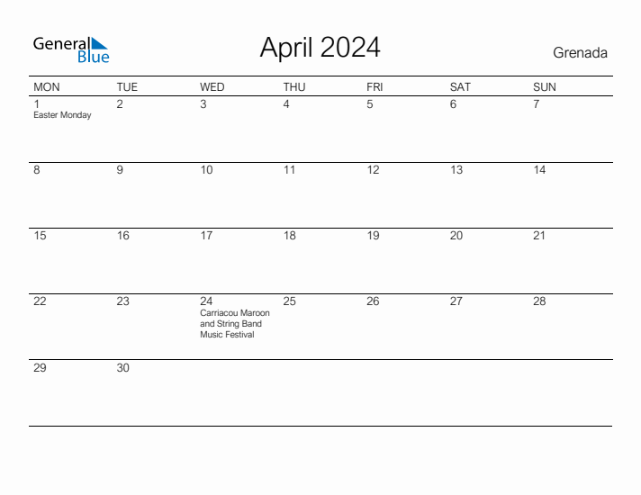Printable April 2024 Calendar for Grenada