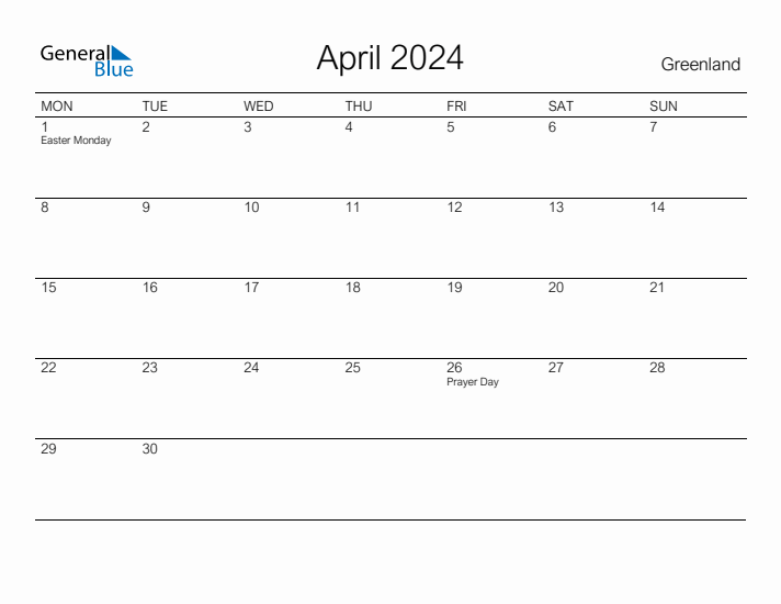 Printable April 2024 Calendar for Greenland