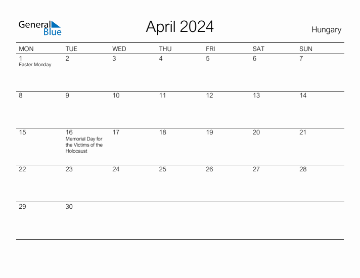 Printable April 2024 Calendar for Hungary
