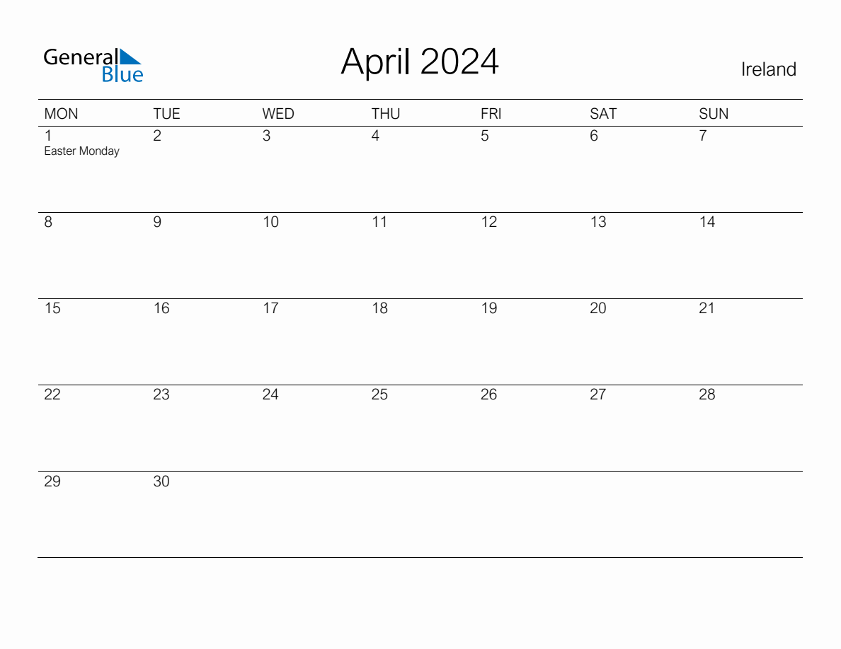 Printable April 2024 Monthly Calendar with Holidays for Ireland