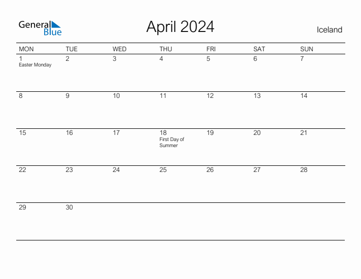 Printable April 2024 Calendar for Iceland