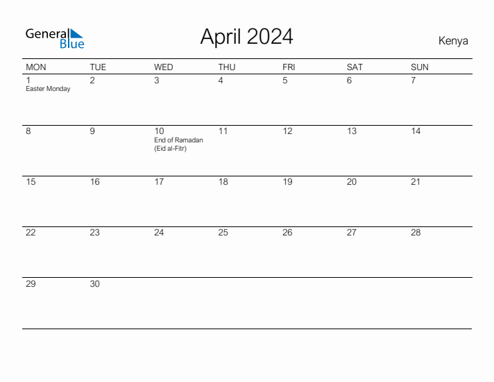 Printable April 2024 Monthly Calendar with Holidays for Kenya