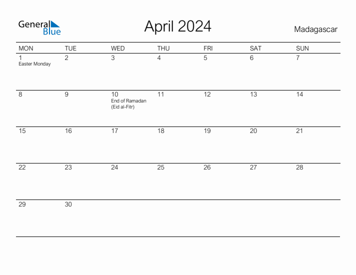 Printable April 2024 Calendar for Madagascar