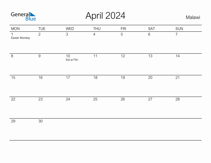 Printable April 2024 Calendar for Malawi