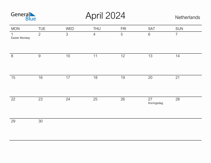 Printable April 2024 Calendar for The Netherlands