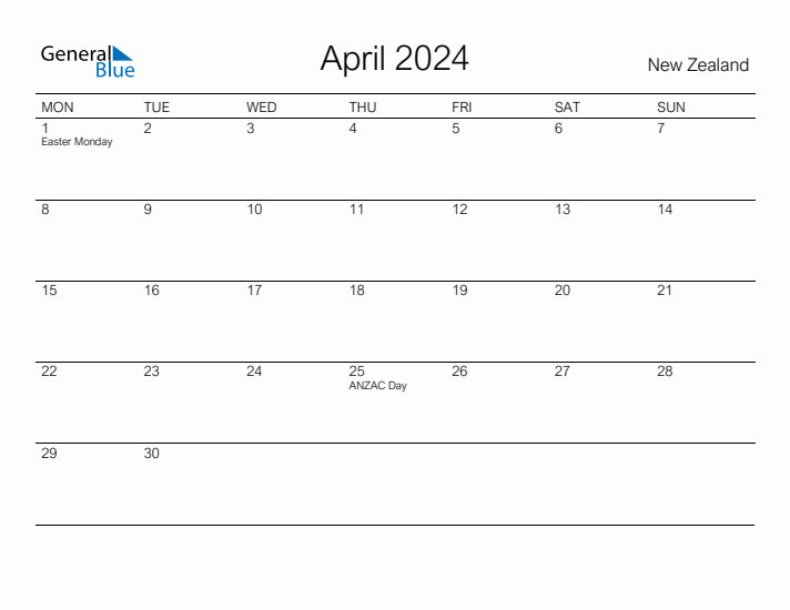 April 2024 New Zealand Monthly Calendar with Holidays