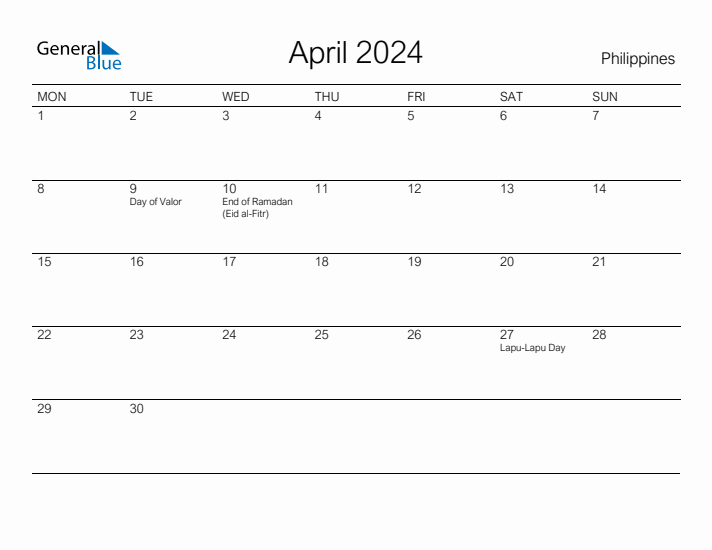 April 2024 Philippines Monthly Calendar with Holidays