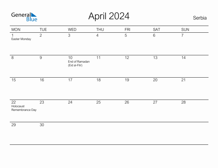 Printable April 2024 Calendar for Serbia