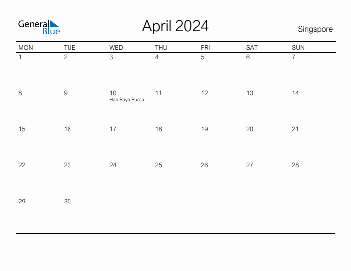 April 2024 Singapore Monthly Calendar with Holidays