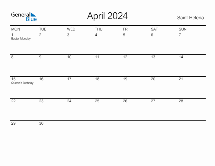 Printable April 2024 Calendar for Saint Helena
