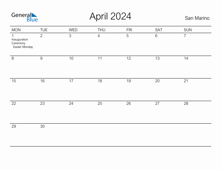 Printable April 2024 Calendar for San Marino
