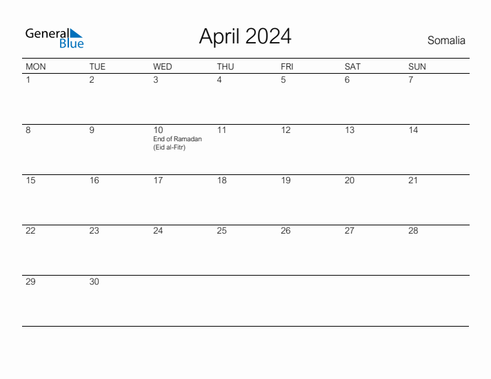 Printable April 2024 Calendar for Somalia