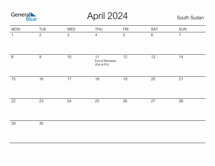 Printable April 2024 Calendar for South Sudan