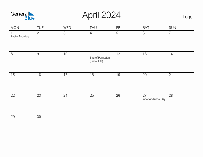 Printable April 2024 Calendar for Togo