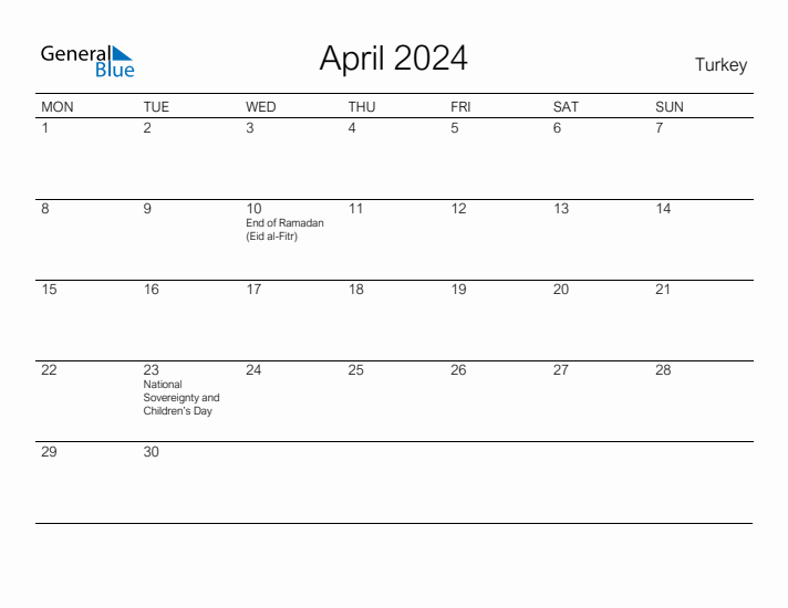 Printable April 2024 Calendar for Turkey