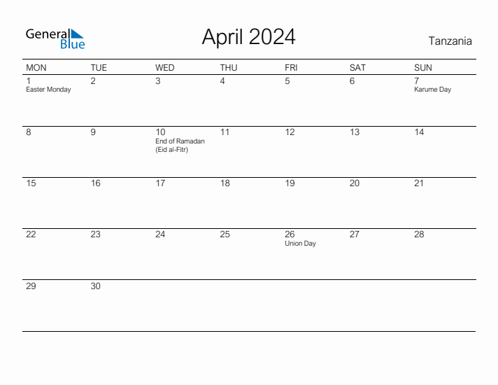 Printable April 2024 Calendar for Tanzania