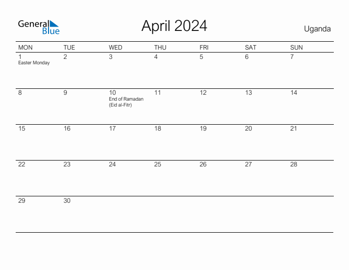 Printable April 2024 Monthly Calendar with Holidays for Uganda