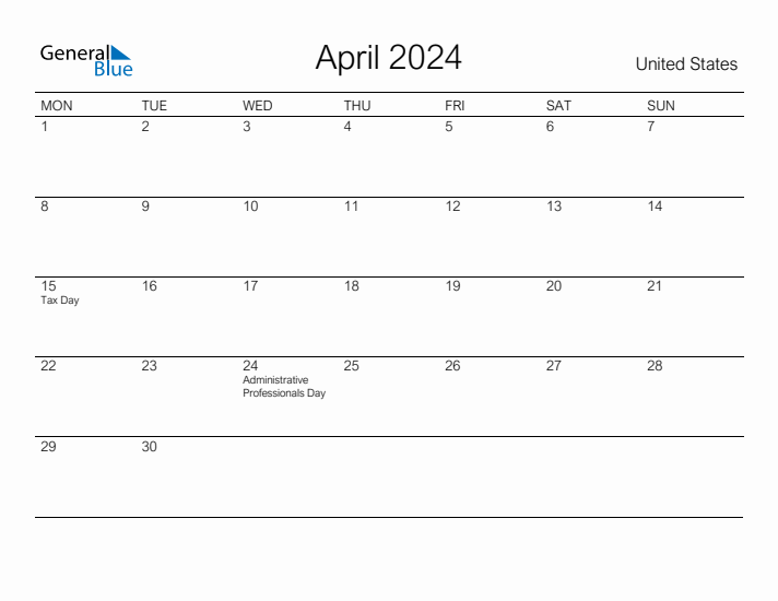 Printable April 2024 Calendar for United States