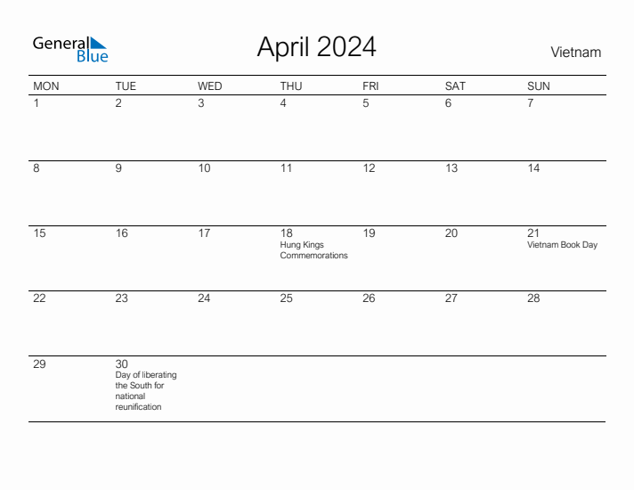 Printable April 2024 Calendar for Vietnam