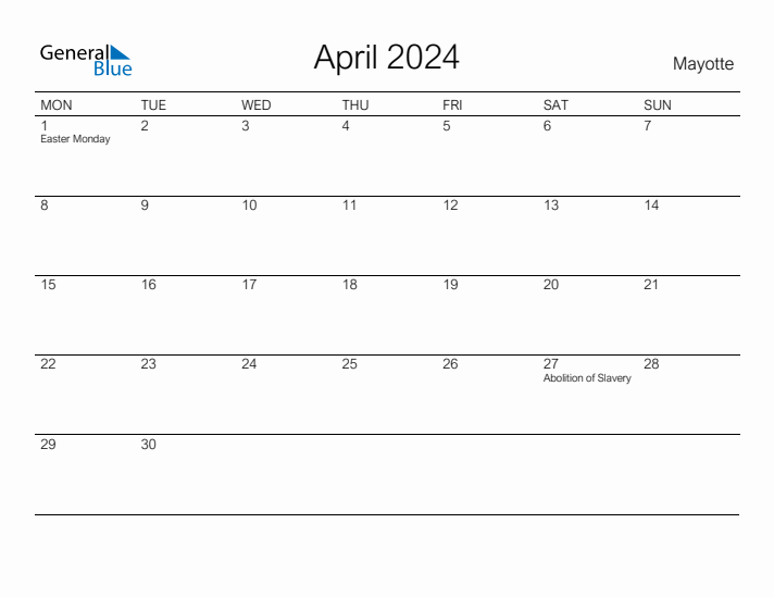 Printable April 2024 Calendar for Mayotte