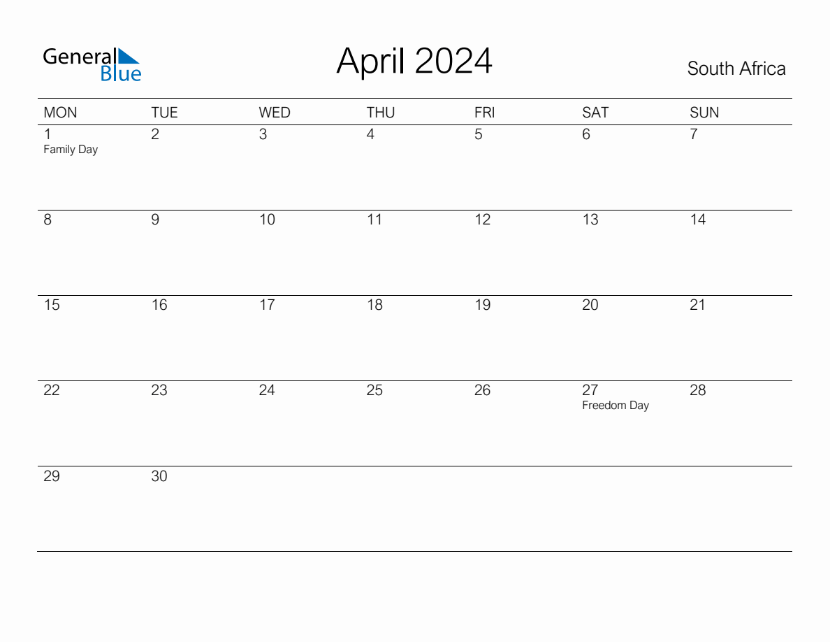 Printable April 2024 Monthly Calendar with Holidays for South Africa