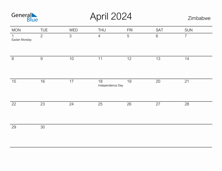 Printable April 2024 Calendar for Zimbabwe