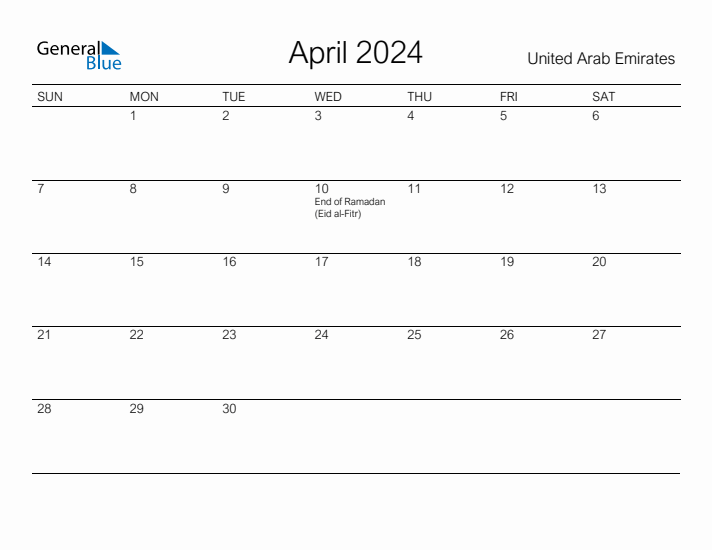 Printable April 2024 Calendar for United Arab Emirates