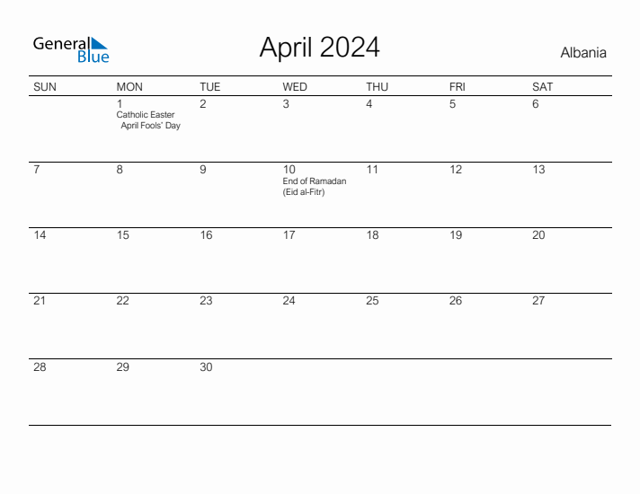 Printable April 2024 Calendar for Albania