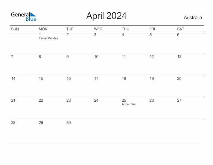Printable April 2024 Calendar for Australia
