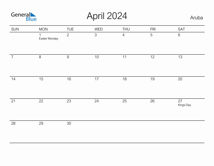 Printable April 2024 Calendar for Aruba