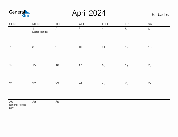 Printable April 2024 Calendar for Barbados