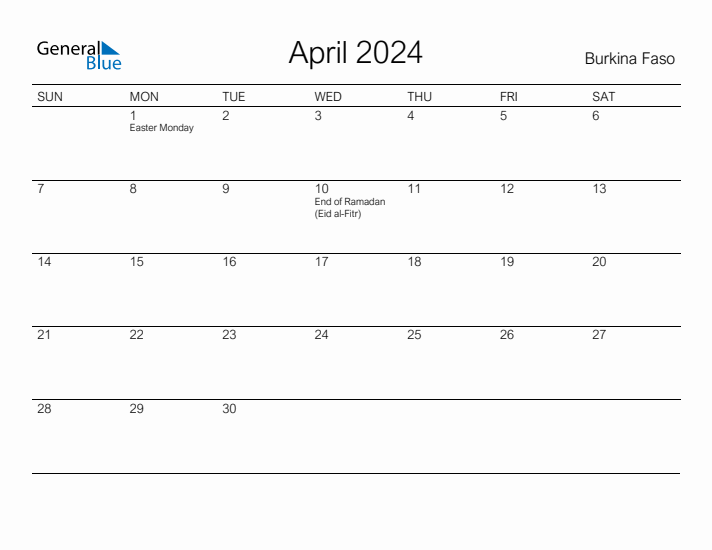 Printable April 2024 Calendar for Burkina Faso