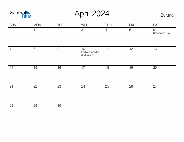 Printable April 2024 Calendar for Burundi