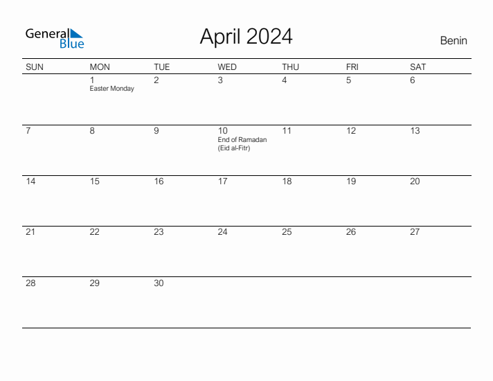 Printable April 2024 Calendar for Benin