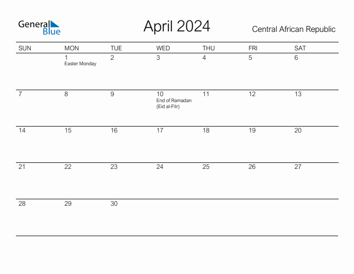 Printable April 2024 Calendar for Central African Republic