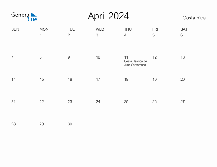 Printable April 2024 Monthly Calendar with Holidays for Costa Rica