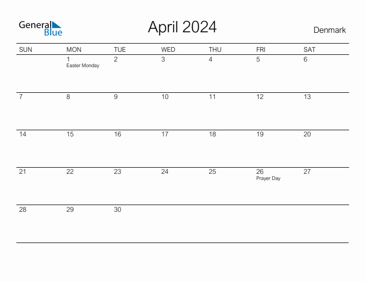 Printable April 2024 Calendar for Denmark