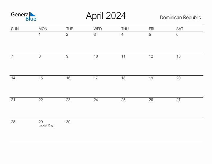 Printable April 2024 Calendar for Dominican Republic