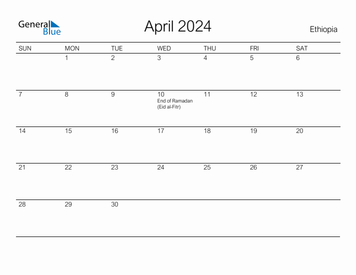 Printable April 2024 Calendar for Ethiopia