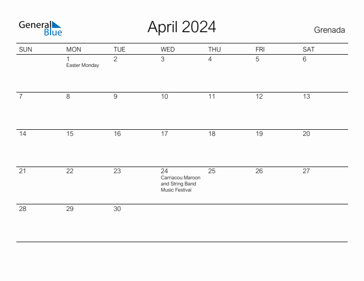 Printable April 2024 Calendar for Grenada