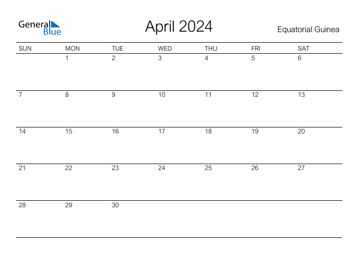 Printable April 2024 Calendar for Equatorial Guinea