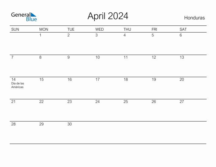 Printable April 2024 Calendar for Honduras