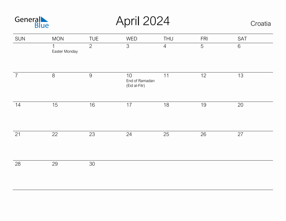 Printable April 2024 Monthly Calendar with Holidays for Croatia