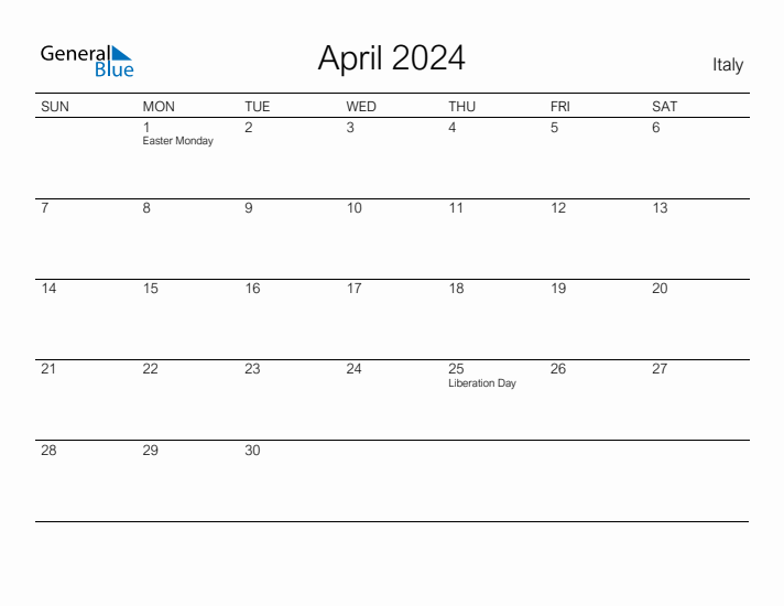 Printable April 2024 Calendar for Italy