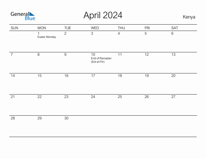 April 2024 Monthly Calendar with Kenya Holidays