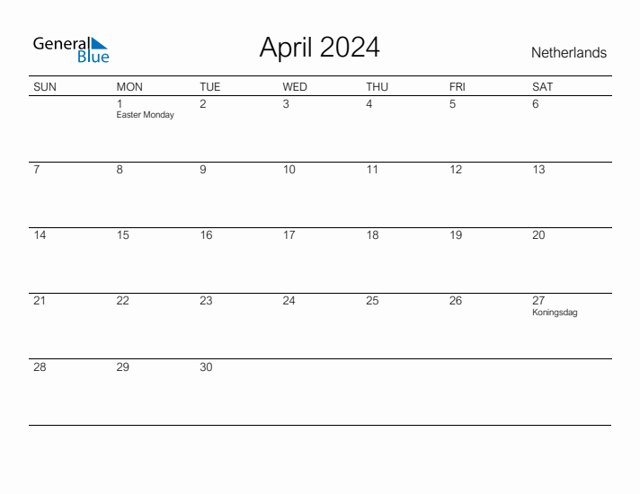 Printable April 2024 Calendar for The Netherlands